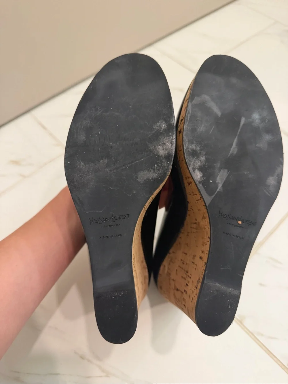 YSL - Black Patent Cork Wedge Pumps - 39